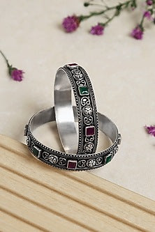Silver Finish Onyx Tribal Bangles In Sterling Silver (Set of 2)