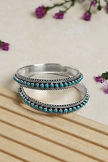 Silver Finish Turquoise Stone Bangles In Sterling Silver (Set of 2)