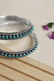 Silver Finish Turquoise Stone Bangles In Sterling Silver (Set of 2)