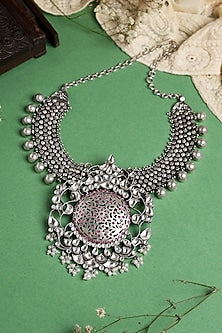 White Finish Kundan Polki Necklace In Sterling Silver