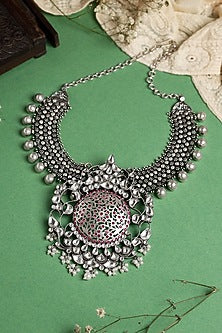 White Finish Kundan Polki Necklace In Sterling Silver