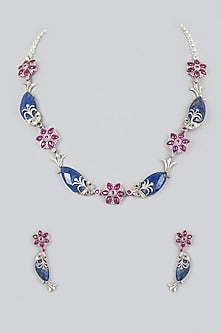 White Finish Lapis & Kemp Stone Necklace Set In Sterling Silver