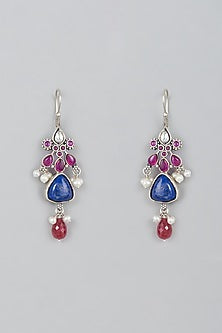 White Finish Lapis & Kemp Stone Dangler Earrings In Sterling Silver