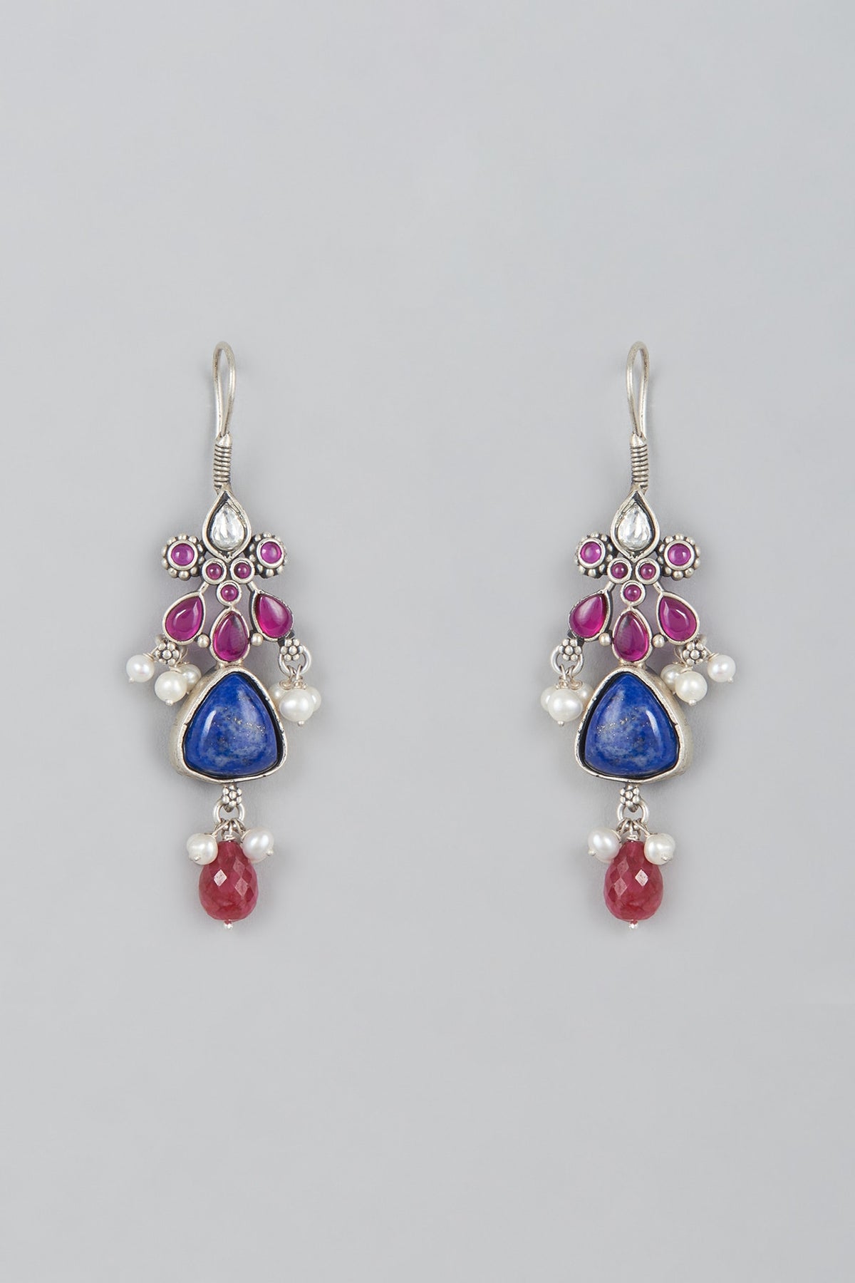 White Finish Lapis & Kemp Stone Dangler Earrings In Sterling Silver