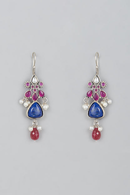 White Finish Lapis & Kemp Stone Dangler Earrings In Sterling Silver