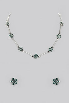 White Finish Kemp Stone Floral Necklace Set In Sterling Silver