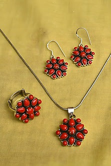 White Finish Coral Stone Tribal Pendant Set In Sterling Silver