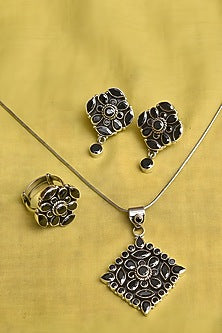 White Finish Black Onyx Tribal Pendant Set In Sterling Silver