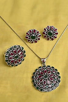 White Finish Ruby & Green Onyx Tribal Pendant Set In Sterling Silver