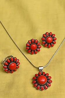 White Finish Coral Stone Tribal Pendant Set In Sterling Silver