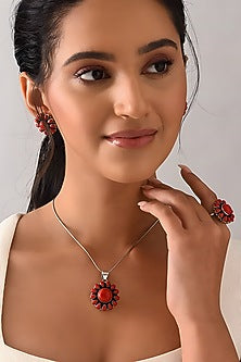 White Finish Coral Stone Tribal Pendant Set In Sterling Silver