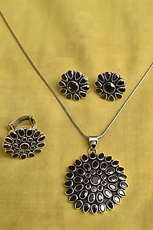 White Finish Black Onyx Tribal Pendant Set In Sterling Silver