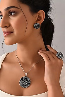 White Finish Black Onyx Tribal Pendant Set In Sterling Silver