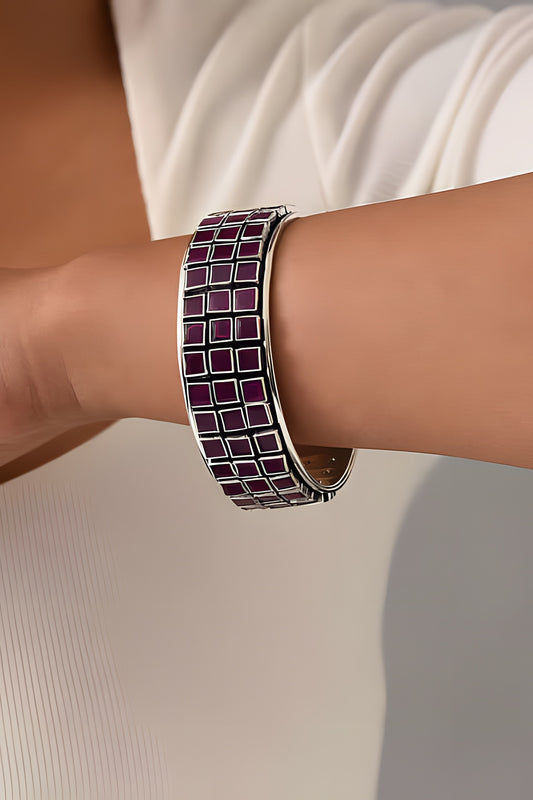 White Finish Ruby Tribal Bangle In Sterling Silver