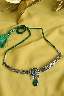 White Finish Pink & Green Kempstone Tribal Necklace In Sterling Silver