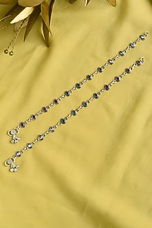 White Finish Multi-Colored Stone Tribal Anklets (Set Of 2) In Sterling Silver