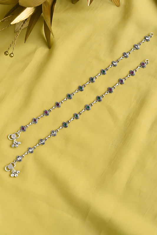 White Finish Multi-Colored Stone Tribal Anklets (Set Of 2) In Sterling Silver