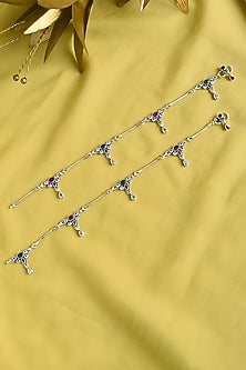 White Finish Multi-Colored Stone Tribal Anklets (Set Of 2) In Sterling Silver