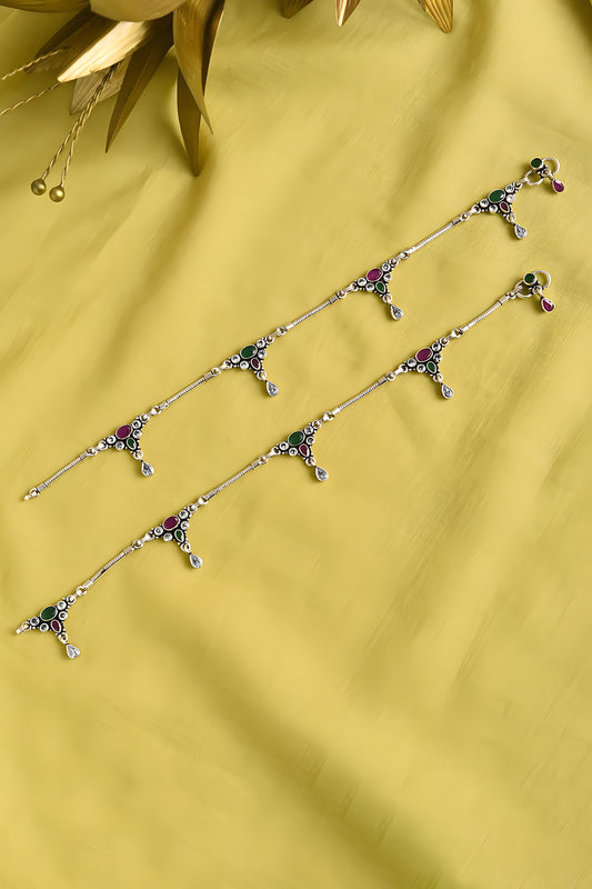 White Finish Multi-Colored Stone Tribal Anklets (Set Of 2) In Sterling Silver