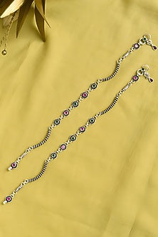 White Finish Multi-Colored Stone Tribal Anklets (Set Of 2) In Sterling Silver