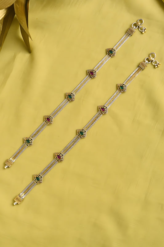 Two Tone Finish Multi-Colored Stone Tribal Anklets (Set Of 2) In Sterling Silver