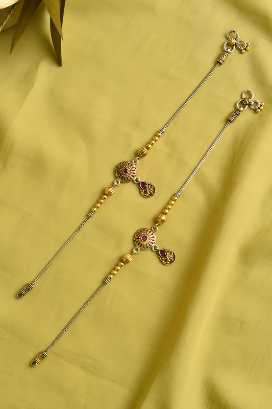 Two Tone Finish Multi-Colored Stone Tribal Anklets (Set Of 2) In Sterling Silver