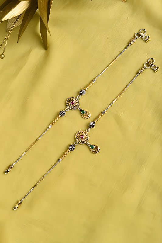 Two Tone Finish Multi-Colored Stone Tribal Anklets (Set Of 2) In Sterling Silver