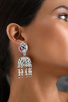 Silver Finish Red Onyx Jhumka Earrings In Sterling Silver
