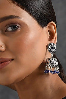 Silver Finish Blue Onyx Jhumka Earrings In Sterling Silver