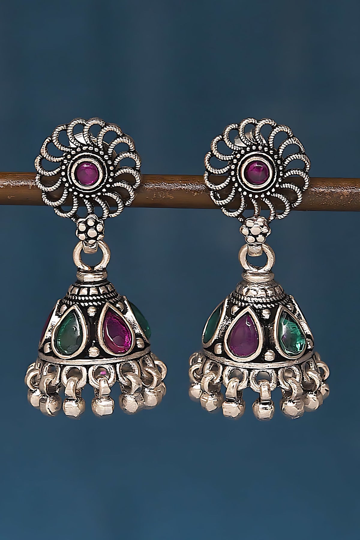Silver Finish Multi-Colored Stone Jhumka Earrings In Sterling Silver