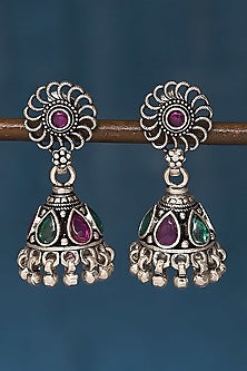 Silver Finish Multi-Colored Stone Jhumka Earrings In Sterling Silver