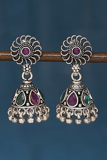 Silver Finish Multi-Colored Stone Jhumka Earrings In Sterling Silver