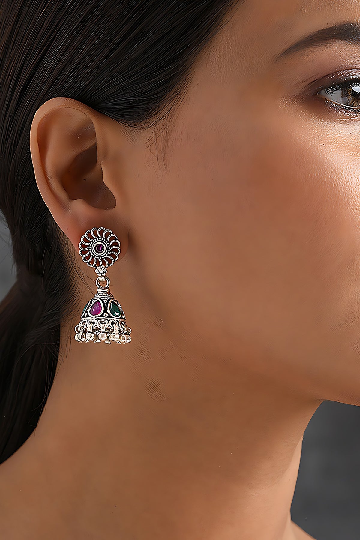 Silver Finish Multi-Colored Stone Jhumka Earrings In Sterling Silver