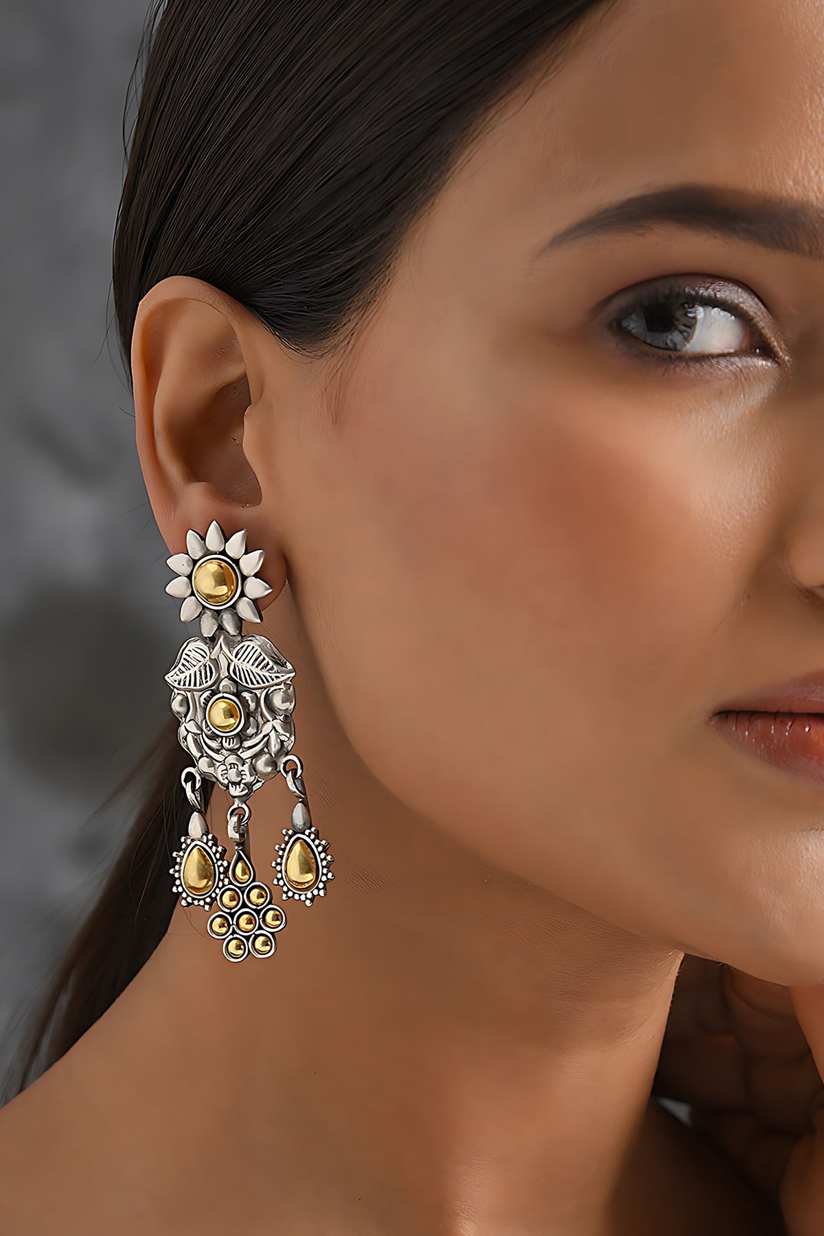 Two Tone Finish Tribal Dangler Earrings In Sterling Silver