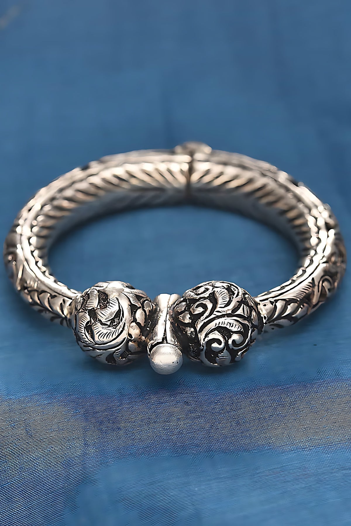 Silver Finish Tribal Bangle In Sterling Silver