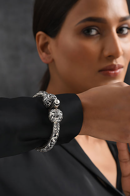 Silver Finish Tribal Bangle In Sterling Silver