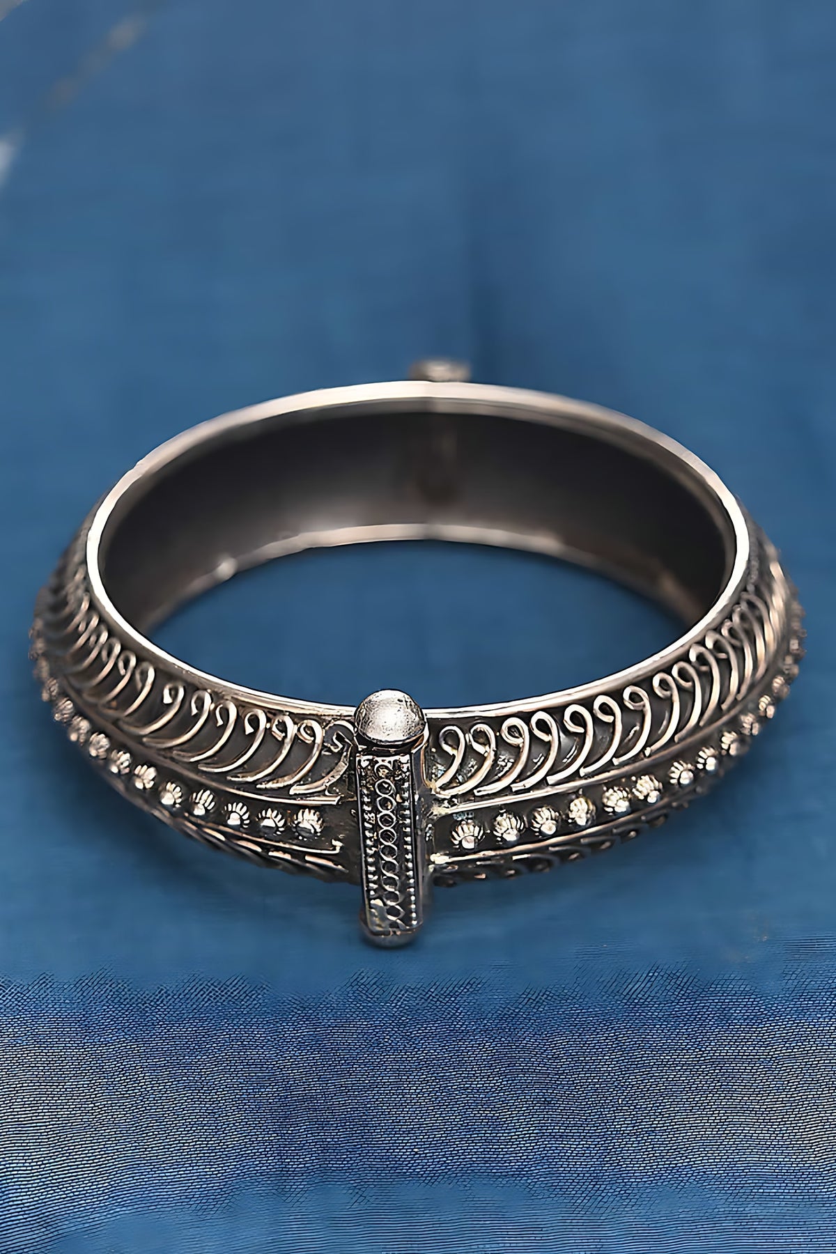 Silver Finish Tribal Bangle In Sterling Silver