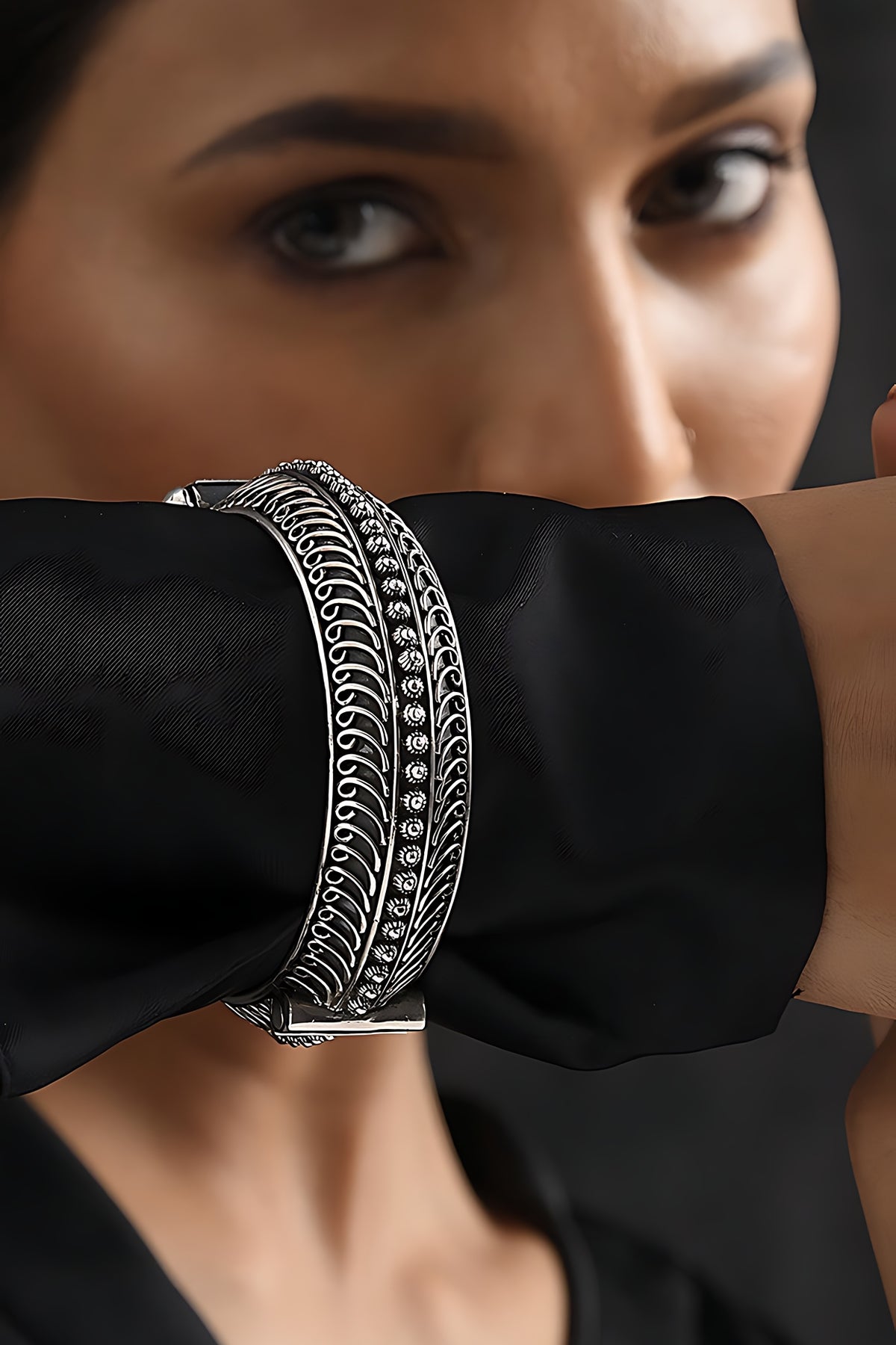 Silver Finish Tribal Bangle In Sterling Silver