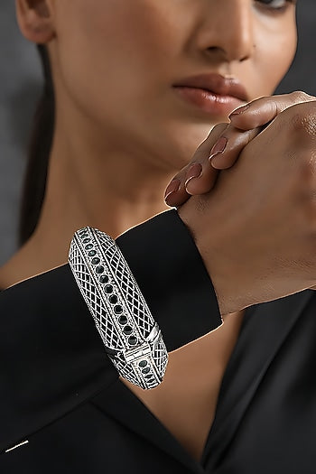 Silver Finish Tribal Bangle In Sterling Silver