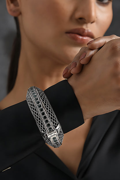 Silver Finish Tribal Bangle In Sterling Silver