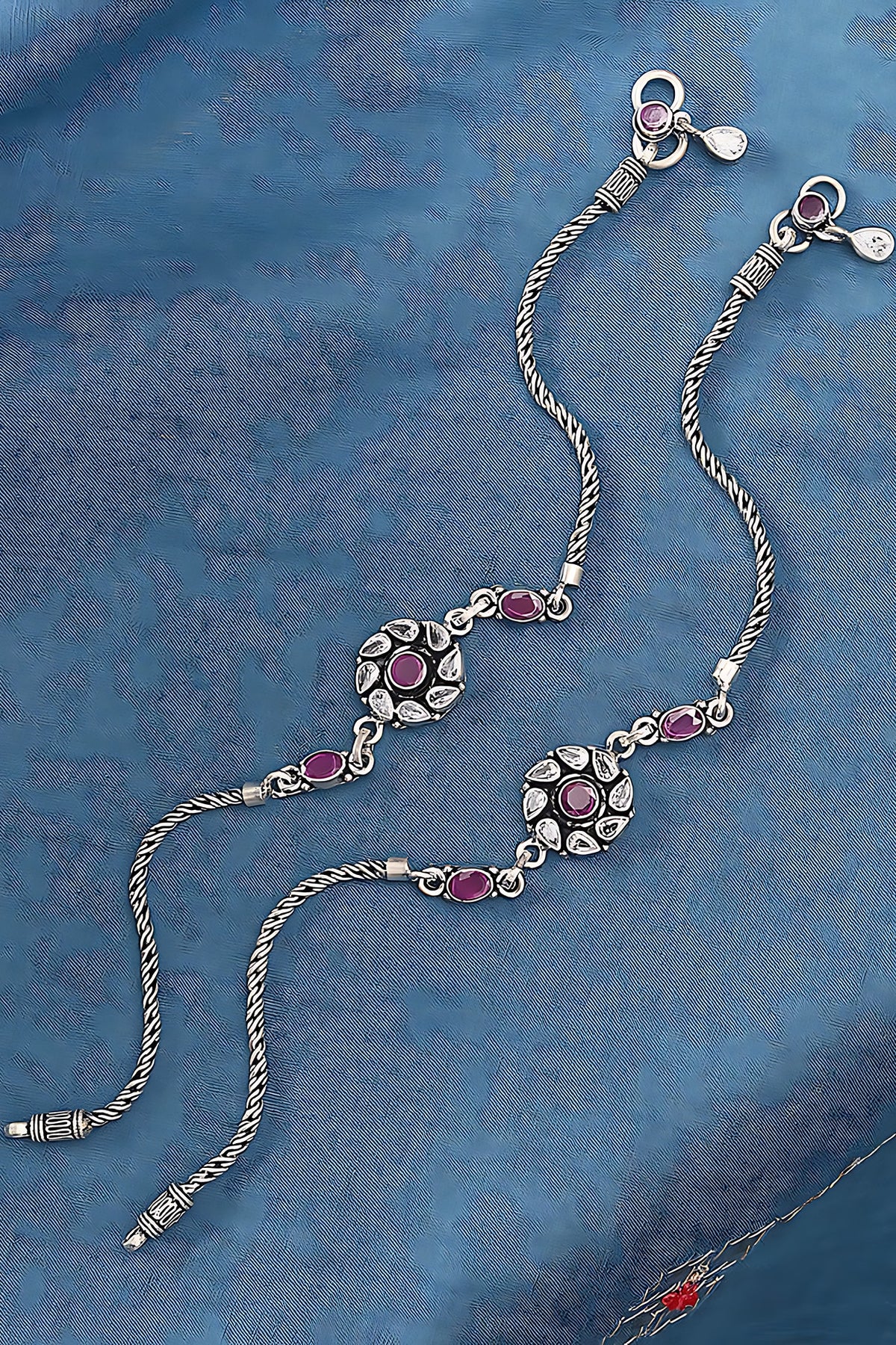 Silver Finish Synthetic Stone Anklets In Sterling Silver