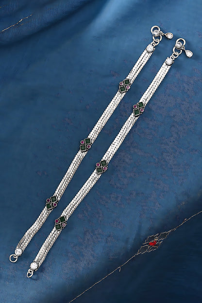 Silver Finish Synthetic Stone Anklets In Sterling Silver