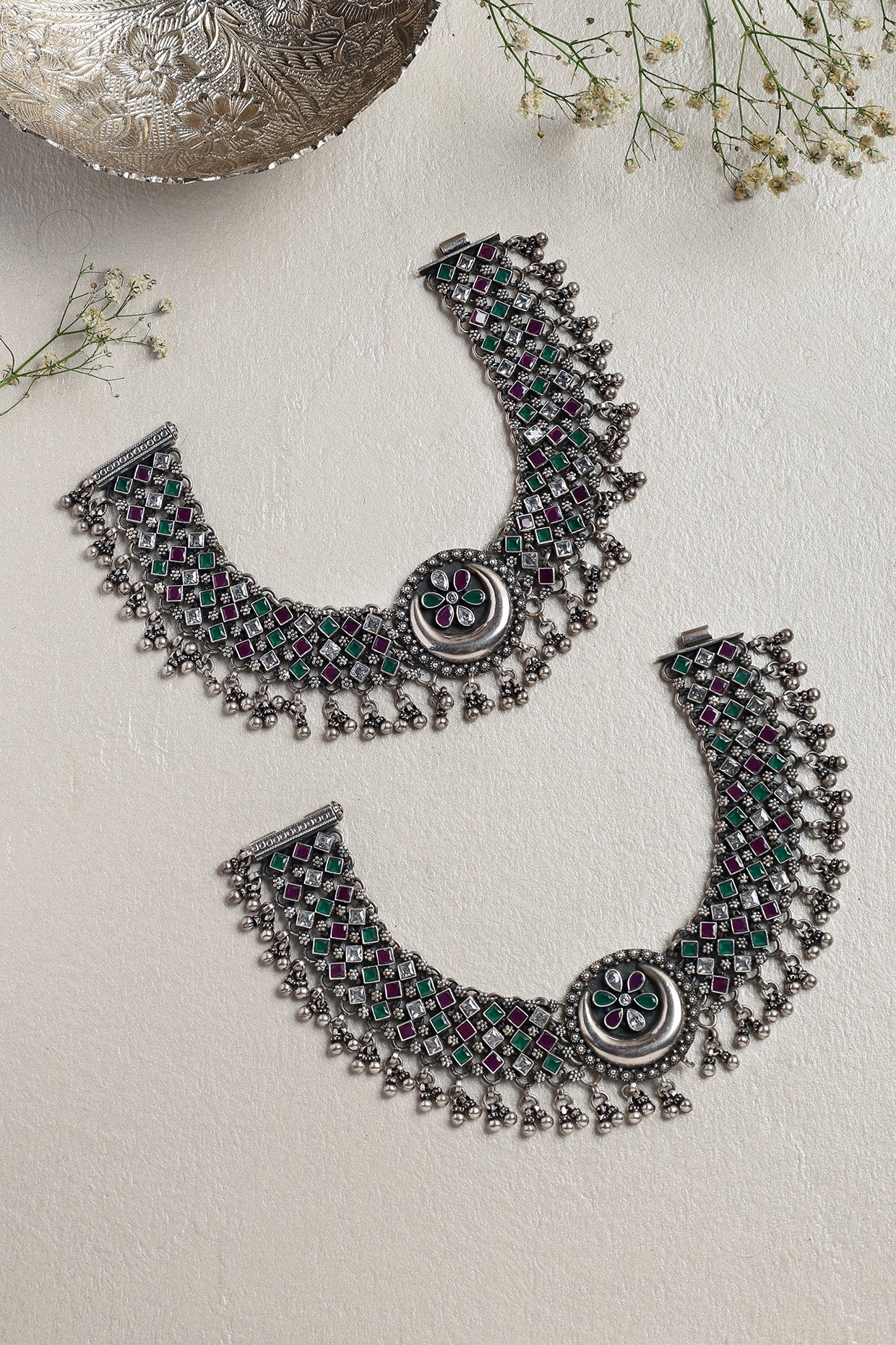 White Finish Ruby & Onyx Chand Anklets In Sterling Silver