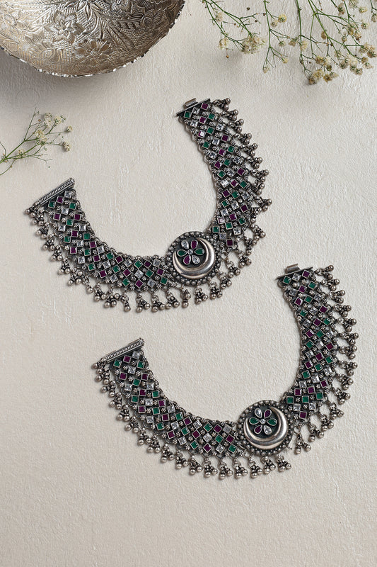 White Finish Ruby & Onyx Chand Anklets In Sterling Silver