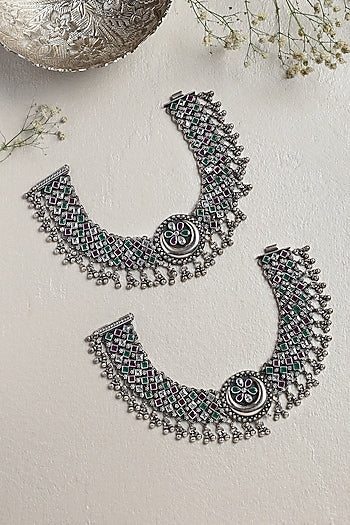 White Finish Ruby & Onyx Chand Anklets In Sterling Silver