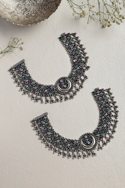 White Finish Ruby & Onyx Chand Anklets In Sterling Silver