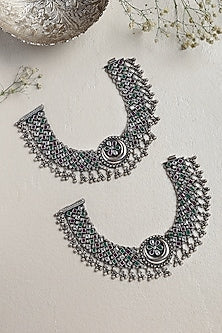 White Finish Ruby & Onyx Chand Anklets In Sterling Silver