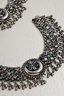 White Finish Ruby & Onyx Chand Anklets In Sterling Silver