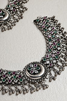 White Finish Ruby & Onyx Chand Anklets In Sterling Silver