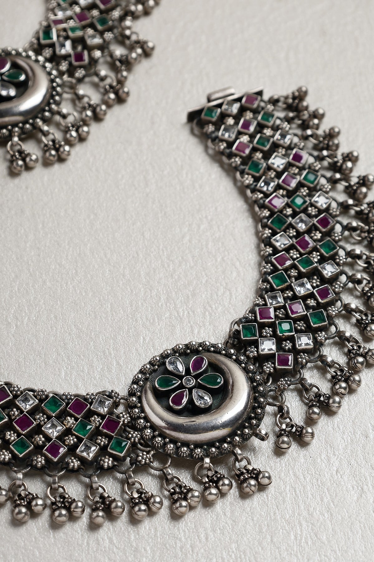 White Finish Ruby & Onyx Chand Anklets In Sterling Silver